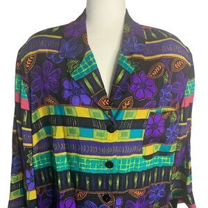 Vintage Button Down Floral Shirt 20 Black Long Sleeve Cuff Pocket Shoulder Pads